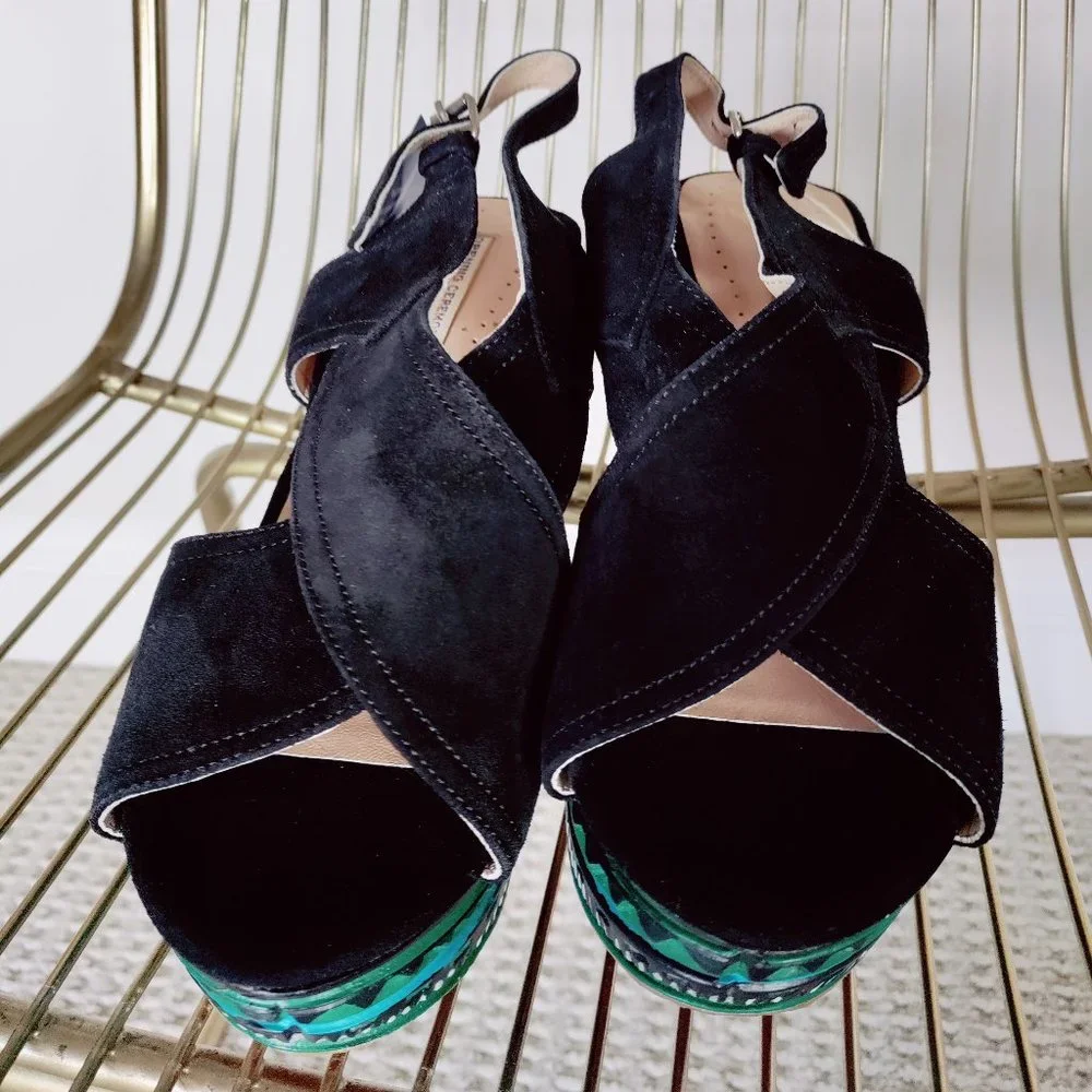 NIB Opening Ceremony sude HANDCARVED platform sandals. size EU 39 US 8.5